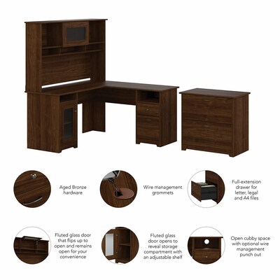 Bush Furniture Cabot 60"W L Shaped Computer Desk with Hutch and Lateral File Cabinet, Modern Walnut (CAB005MW)