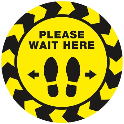 Avery Directional "Please Wait Here" Preprinted Floor Decals, 10.5" Diameter, Yellow/Black, 5/Pack (83020)