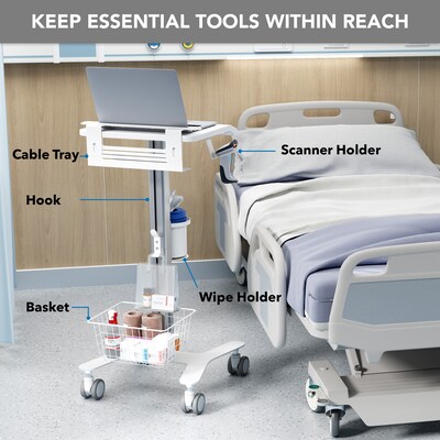 Mount-It! MedHub Mobile Medical Cart with Laptop Bar, Storage Accessories, and Locking Caster Wheels, White/Grey (MI-16029)