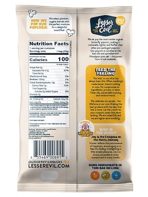 Lesser Evil Snack Organic Himalayan Gold Popcorn, 0.88 oz., 18 Bags/Carton (LSN00691)