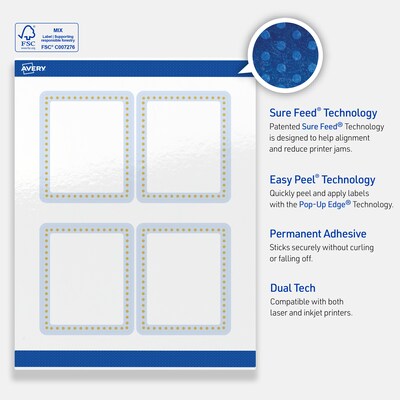 Avery Laser/Inkjet Rectangle Multipurpose Labels, 4" x 3-1/3", White, 40/Pack (S00-DMC)