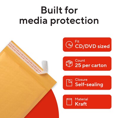 Quill Brand® 8" x 7" Self-Sealing Bubble Mailer, CD/DVD, 25/Carton (ST56654B)