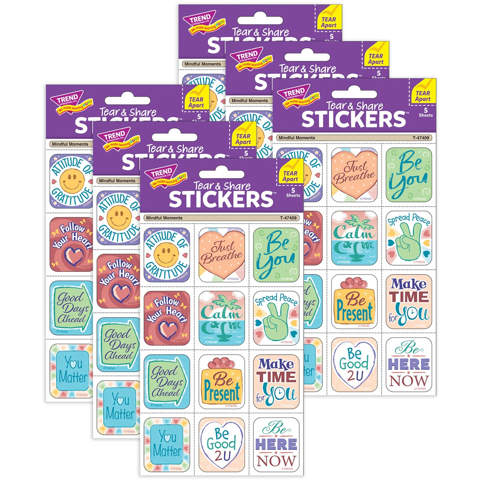 Trend Enterprises Mindful Moments Tear & Share Stickers, Multicolored, 60/Pack, 6/Packs/Bundle (T-47409-6)