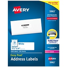 Avery Easy Peel Laser Address Labels, 1-1/3 x 4, White, 14 Labels/Sheet, 250 Sheets/Box (5962)