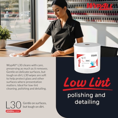 WypAll GeneralClean L30 Fabric Cleaning Wipers, 13.3" x 12.4", White, 875 Sheets/Roll, 875 Wipers/Box (5841)