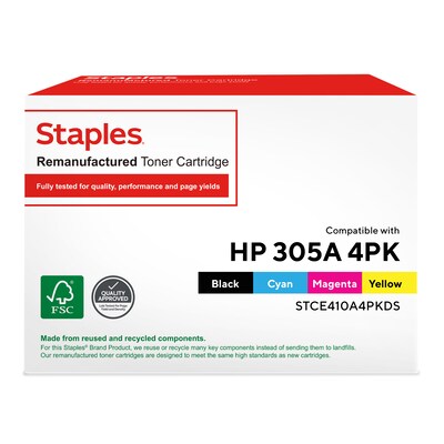 Staples Remanufactured Black/Cyan/Magenta/Yellow Standard Toner Replacement for HP 305A (TRCE410A4PKDS/STCE410A4PKDS), 4/Pack