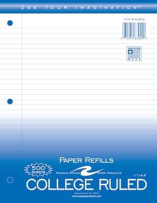 Roaring Spring Paper Products  College Ruled College Ruled Filler Paper, 8.5 x 11, 3-Hole Punched,