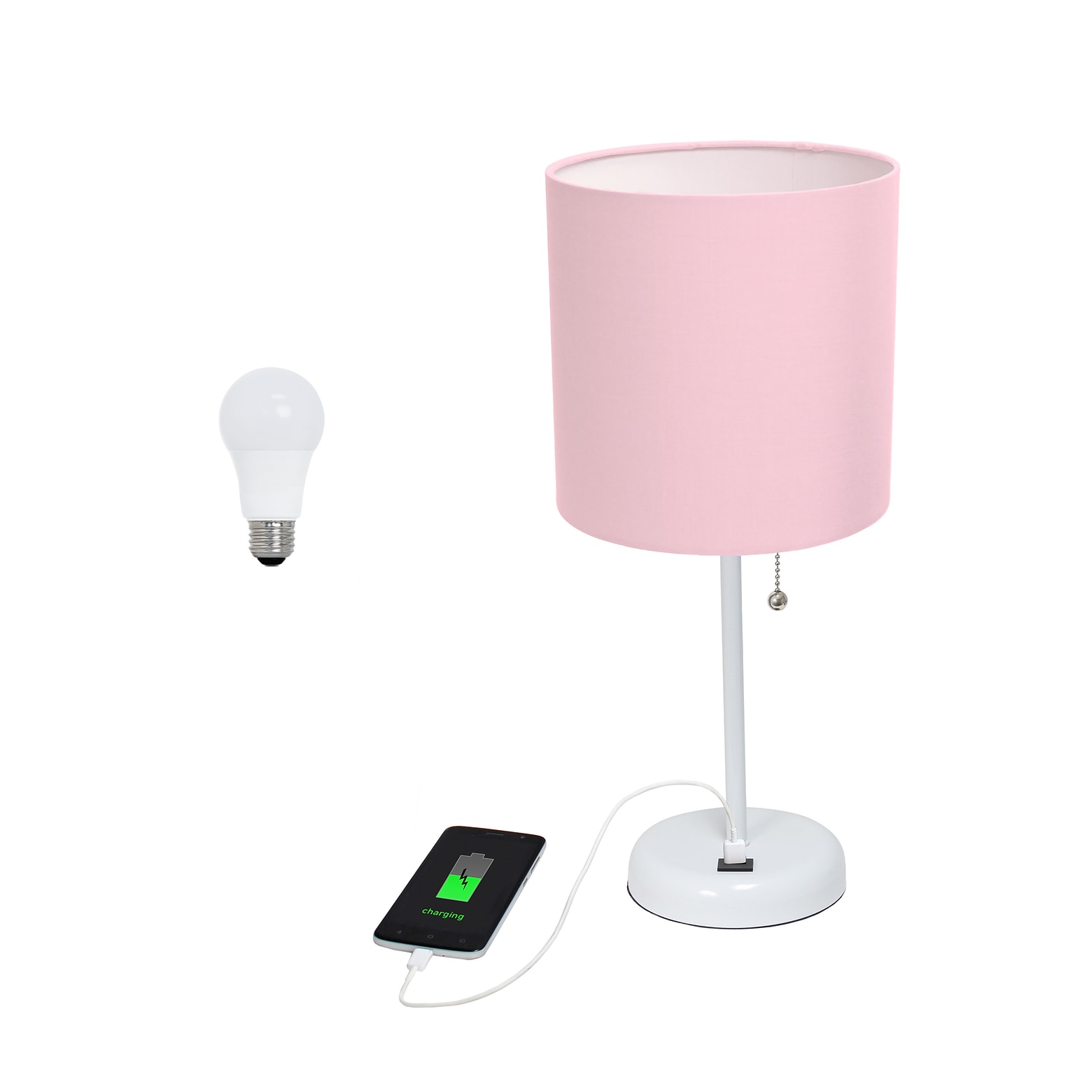Creekwood Home Oslo 19.5 LED Table Lamp with USB Port, White Base/Light Pink Shade (CWT-2011-PO-LB)