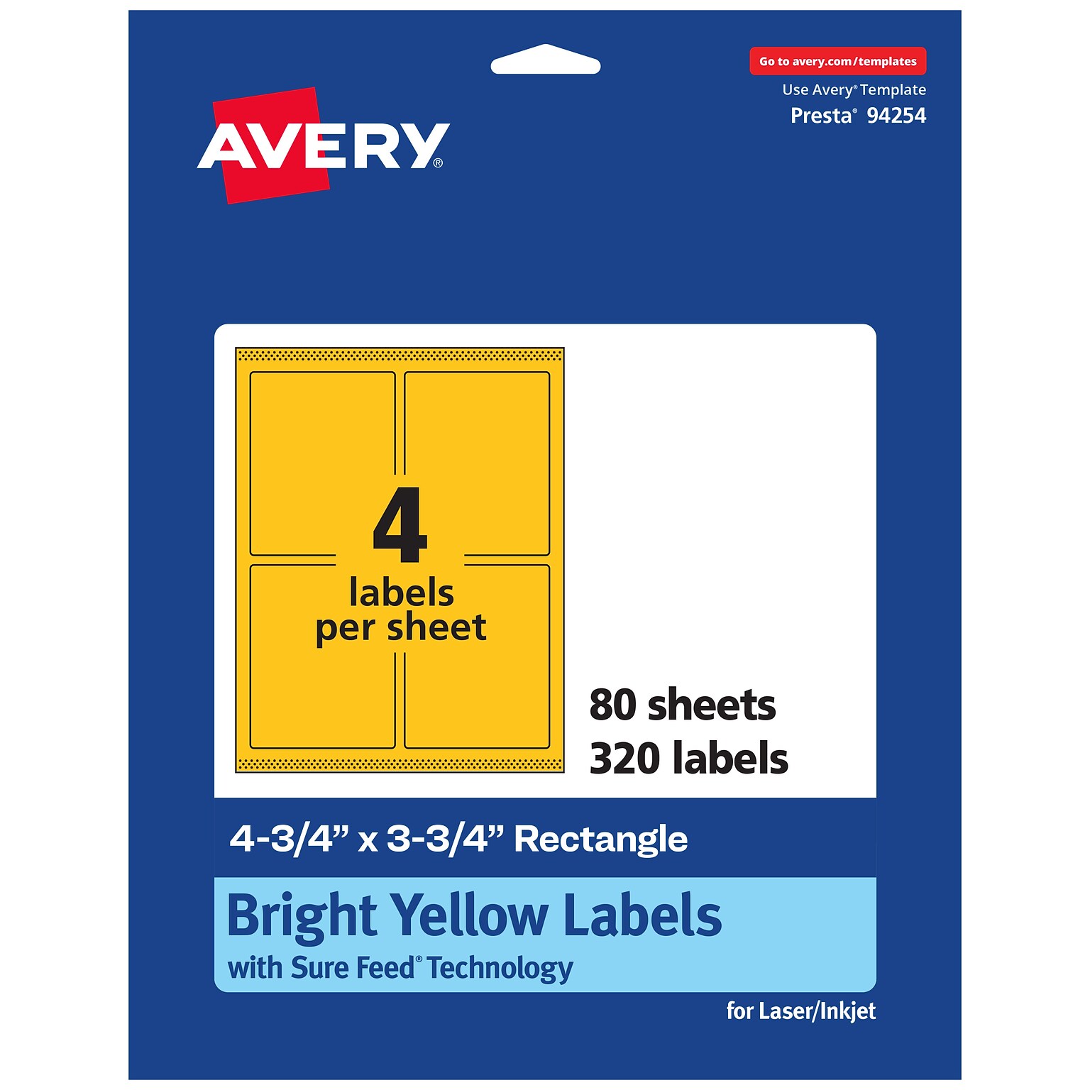 Avery Laser/Inkjet Rectangle Multipurpose Labels, 4.75 x 3.75, Bright Yellow, 320/Box (94254)