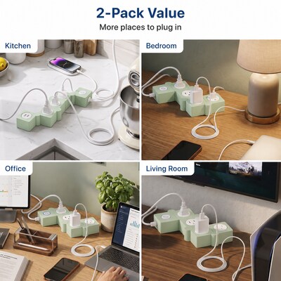 Uncaged Ergonomics Flexible 5' Extension Cord, 3-Outlet, USB-C/A Port, 14 AWG, Green, 2/Pack (2xFPS-Green)