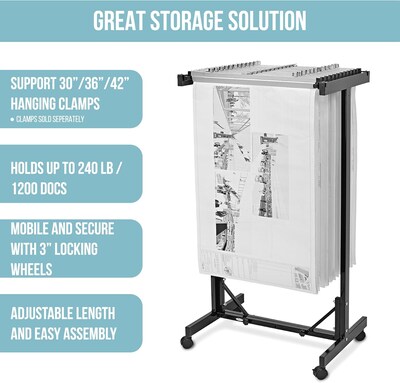 AdirOffice Metal Mobile File Cart with Swivel Wheels and (12) 30 Hanging Clamps, Black (615-BLK-PKG)