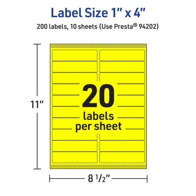 Avery Rectangle Multipurpose Labels, 1" x 4", Neon Yellow, 200/Pack (94202)