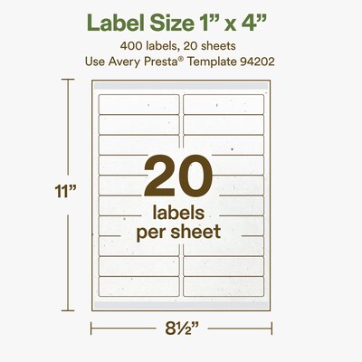 Avery Hemp Rectangle Laser/Inkjet Multipurpose Labels, 1" x 4", Off-White (400/Pack)