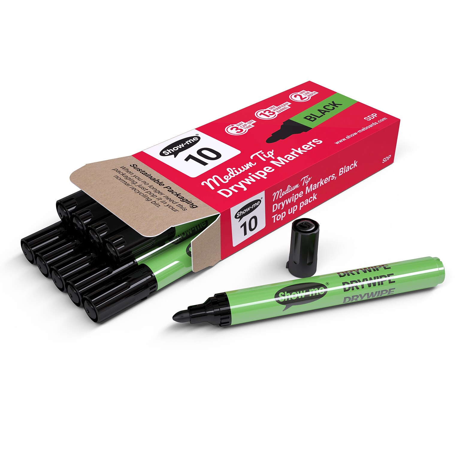 Show-me Slim Barrel Dry Erase Markers, Medium Tip, Black, 10/Pack (EPTSDP)