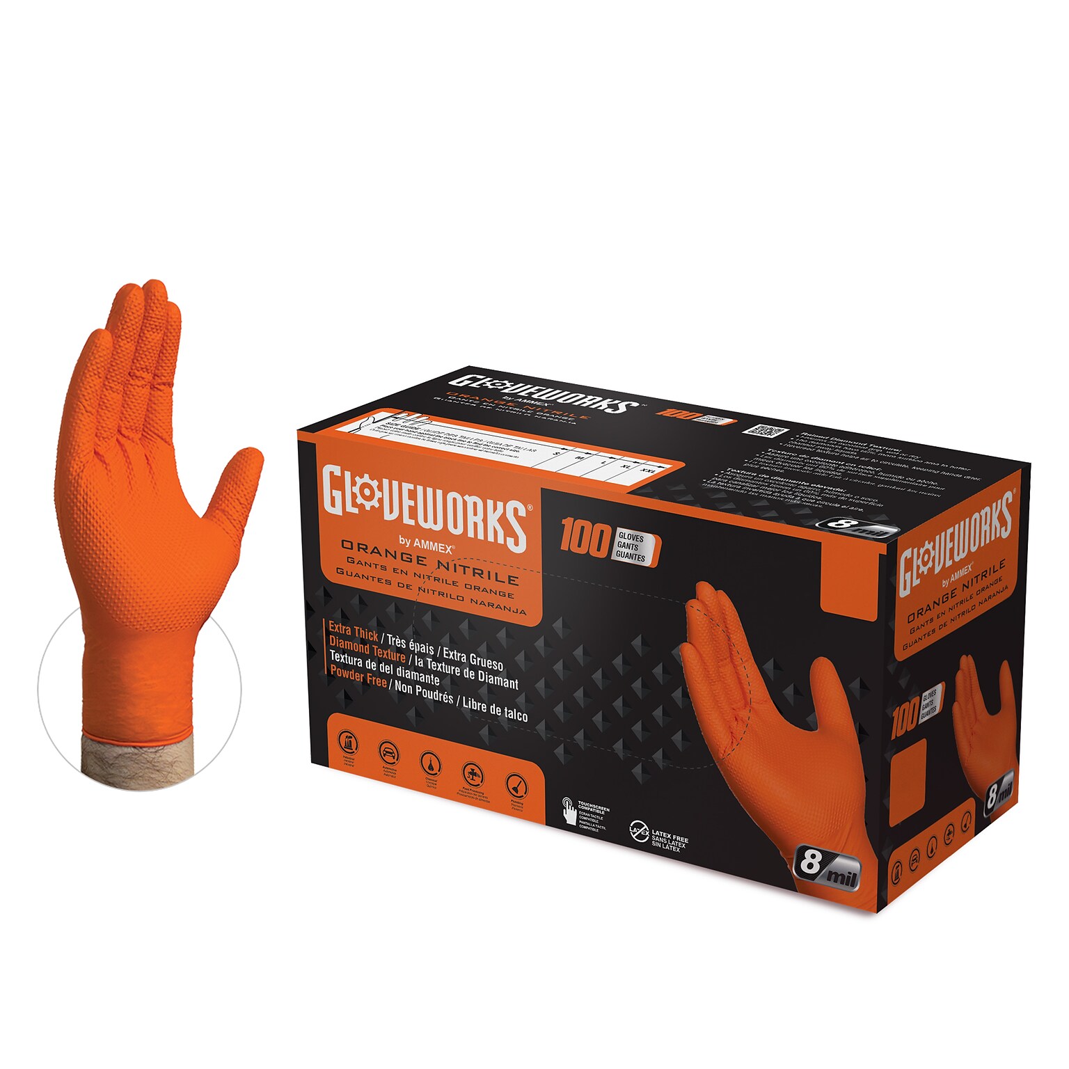 Gloveworks GWON Nitrile Gloves, Large, Orange, 100/Box, 10 Boxes/Carton (GWON46100XX)