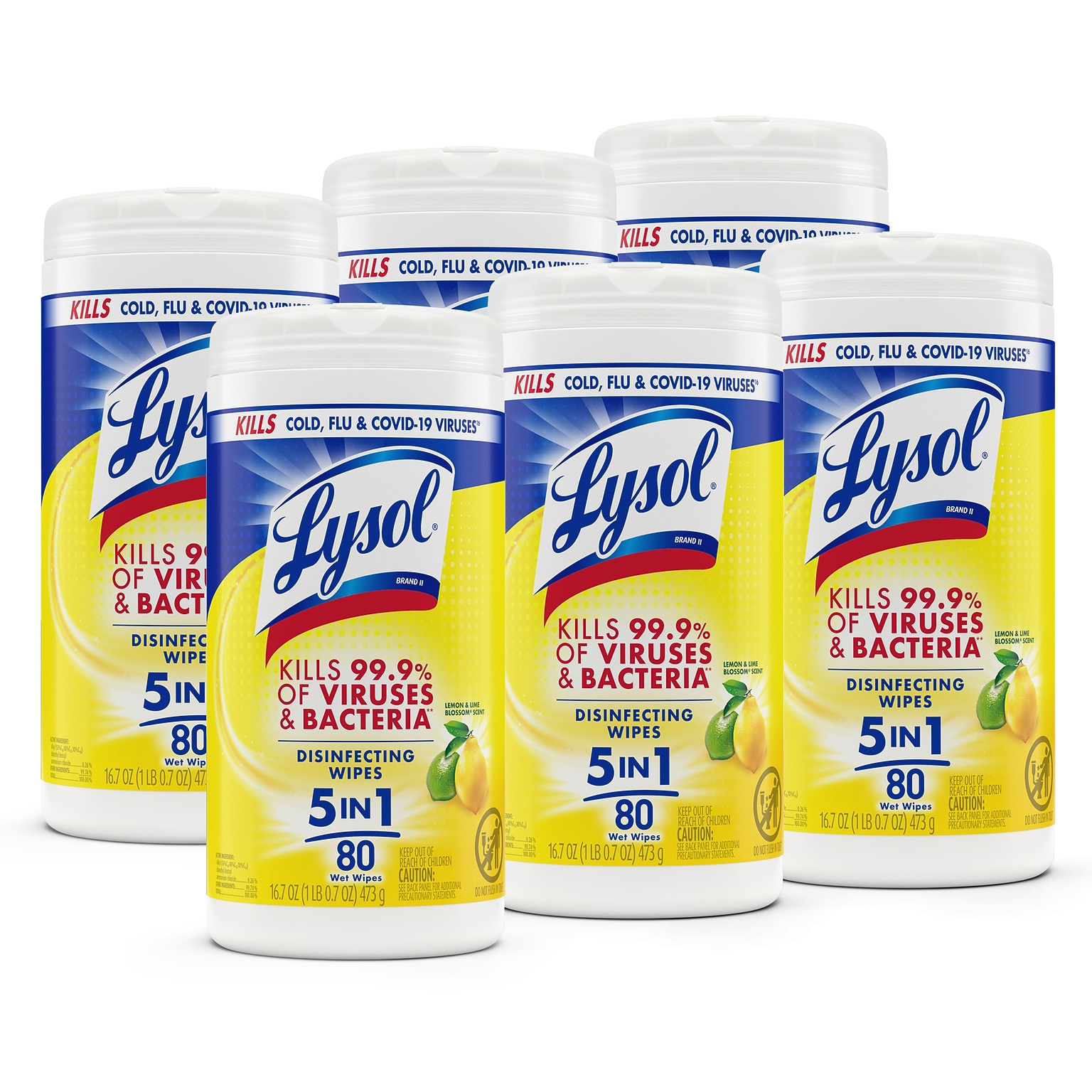 Lysol Disinfecting Wipes, Lemon & Lime Blossom, 80 Wipes/Canister, 6 Canisters/Carton (1920077182CT)