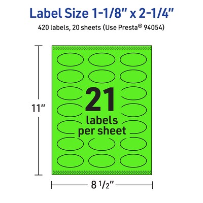 Avery Laser/Inkjet Multipurpose Oval Labels, 1-1/8" x 2-1/4", Neon Green, 420/Pack (94054)