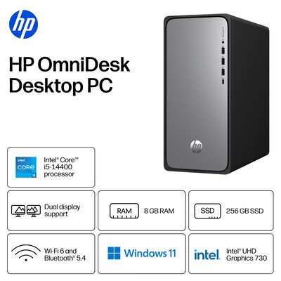 HP OmniDesk Desktop PC, Intel Core i5-14400, 8GB RAM, 256GB SSD, Windows 11 Home, Mouse and Keyboard Included (D9EM9AA#ABA)