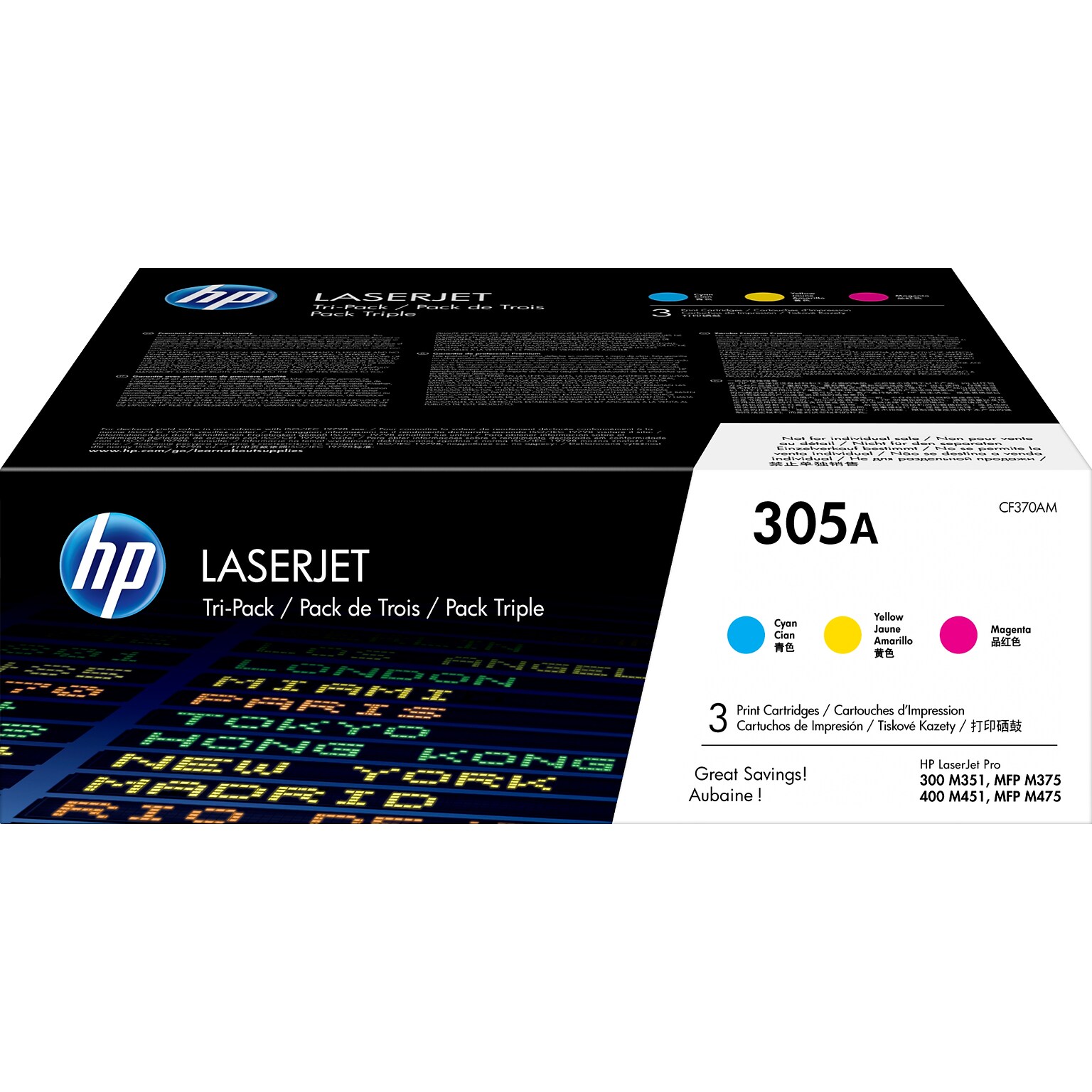 HP 305A Cyan/Magenta/Yellow Standard Yield Toner Cartridge, Prints Up to 2,600 Pages (CF370AM)
