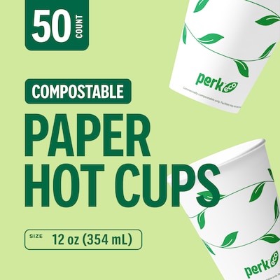 Perk™ Eco Compostable Paper Hot Cup, 12 Oz., White/Green, 50/Pack (PK56222)