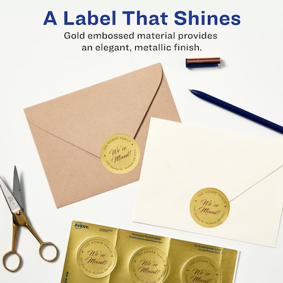 Avery Easy Peel Inkjet Embossed Foil Round Labels, 2 Diameter, Gold, 12 Labels/Sheet, 8 Sheets/Pack