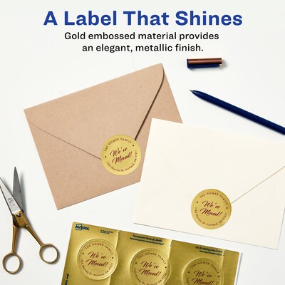 Avery Easy Peel Inkjet Embossed Foil Round Labels, 2 Dia, Gold, 96 Labels/Pack (22831)