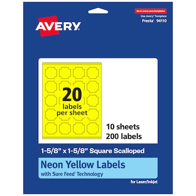 Avery Square Scalloped Laser/Inkjet Multipurpose Labels, 1-5/8 x 1-5/8, Neon Yellow (200/Pack)