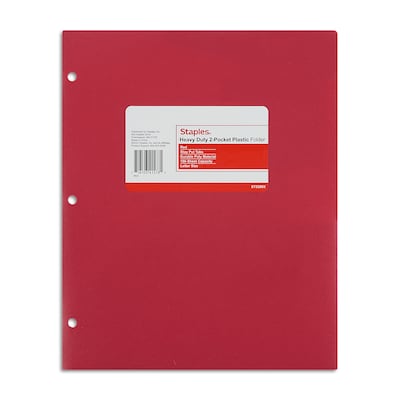 Staples 3-Hole Punched 2-Pocket Plastic Portfolio Folder, Red (ST52803-CC)