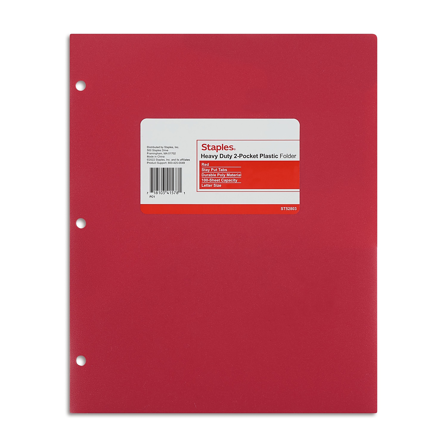 Staples 3-Hole Punched 2-Pocket Plastic Portfolio Folder, Red (ST52803-CC)