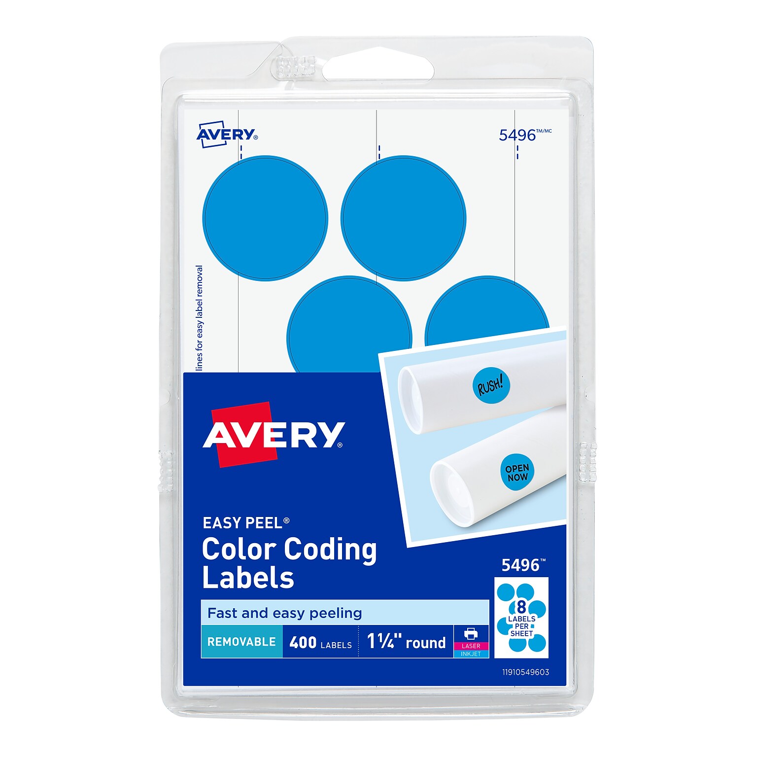 Avery Easy Peel Laser/Inkjet Color Coding Labels, 1 1/4 Dia, Light Blue, 8 Labels/Sheet, 50 Sheets/Pack (5496)