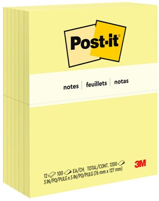 Post-it Notes, 3 x 5, Canary Collection, 100 Sheet/Pad, 12 Pads/Pack (655-YW)