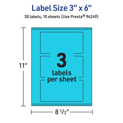 Avery Printable Rectangle Multipurpose Labels, 3" x 6", Bright Blue, 30/Pack (94249)