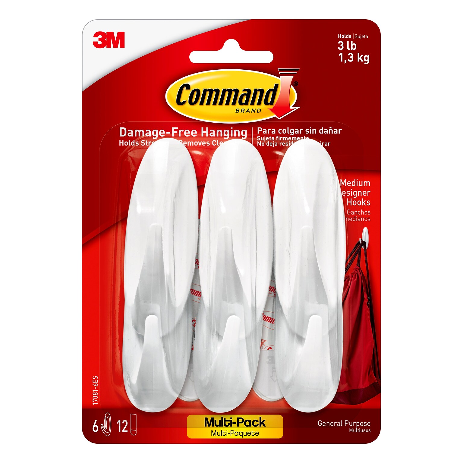 Command Medium Decorative Hooks, 3 lb., White, 6/Pack (17081-6ES)