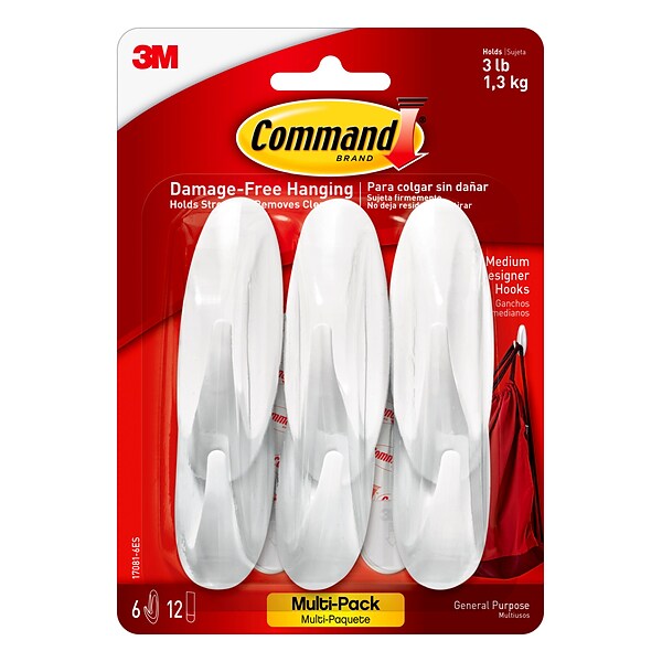 Command™ Medium Designer Hooks Value Pack, White, 6 Hooks (17081-6ES)