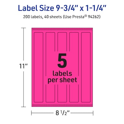 Avery Rectangle Laser/Inkjet Multipurpose Labels, 9.75" x 1.25", Neon Magenta (200/Box)