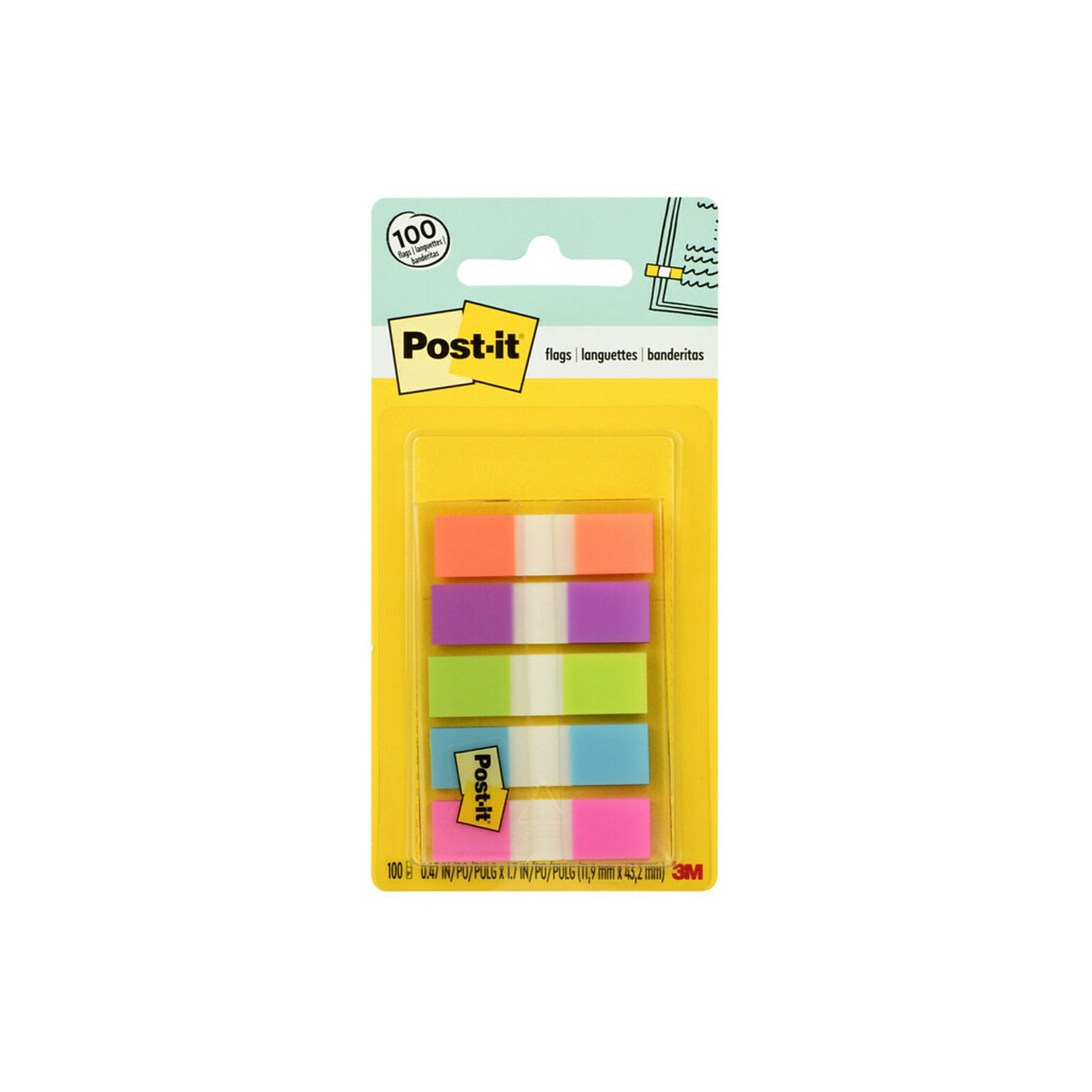 Post-it® Flags, 0.5 Wide, Assorted Bright Colors, 100 Flags/Pack (683-5CB2)