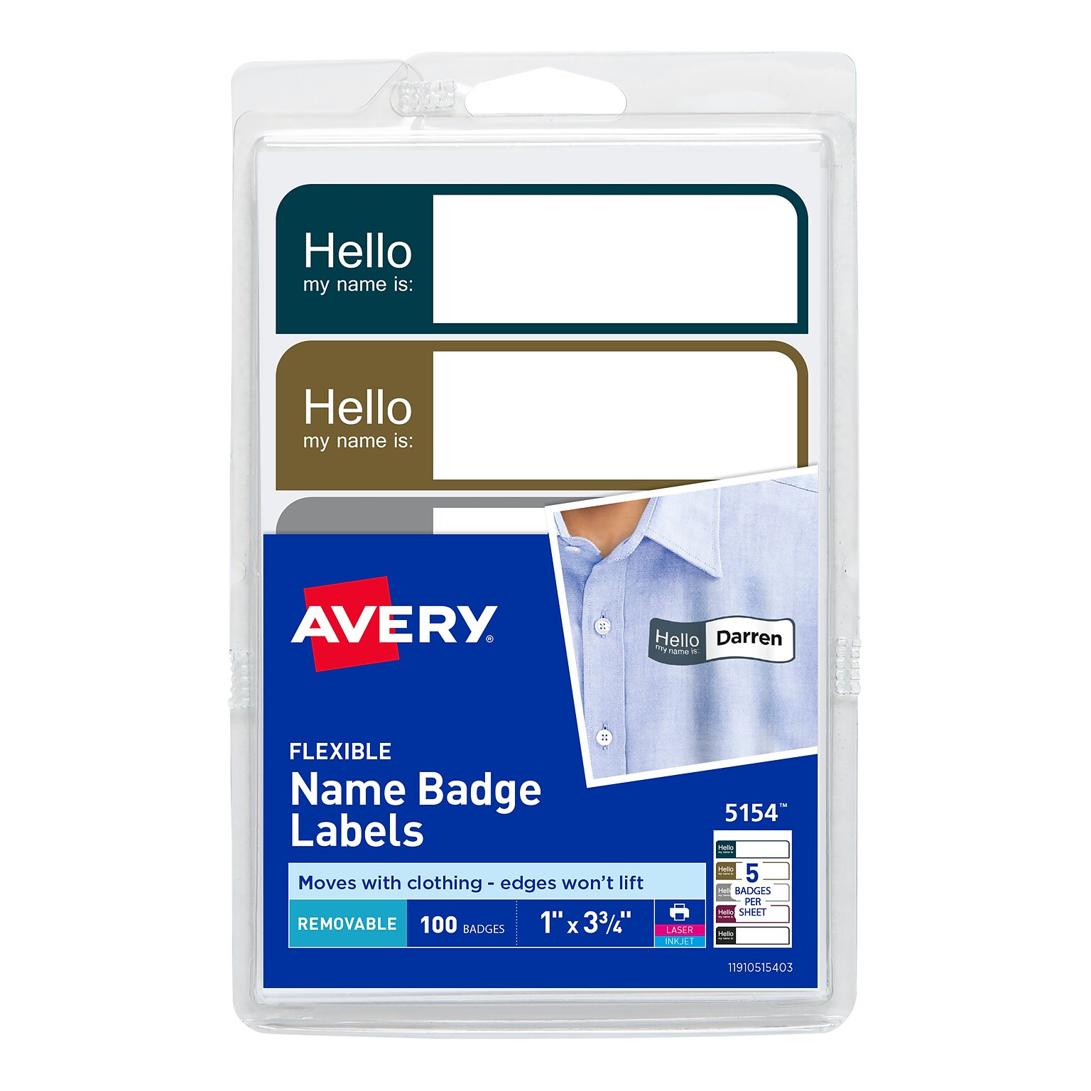 Avery Flexible Hello My Name Is Name Badge Labels, 1 x 3 3/4, Assorted Colors, 100 Labels Per Pack (5154)