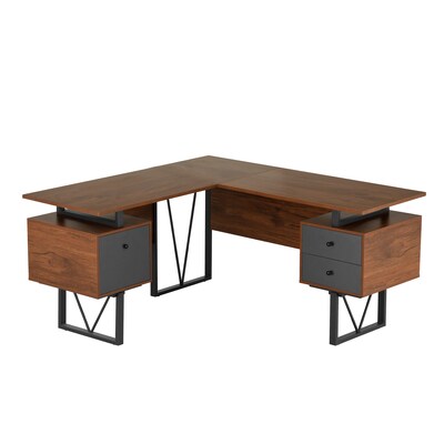 Techni Mobili 59" L-Shaped Desk with Drawers and File Cabinet, Walnut/Black (RTA-4809DL-WAL)