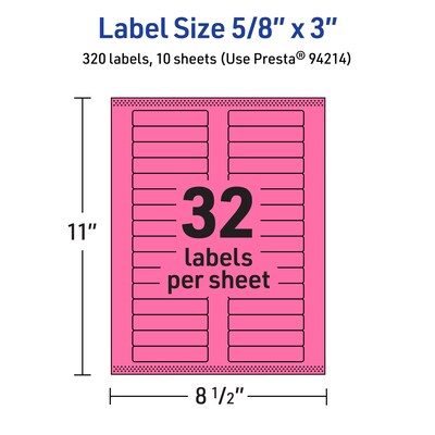 Avery Laser/Inkjet Rectangle Multipurpose Labels, 5/8" x 3", Bright Pink, 320/Pack (94214)