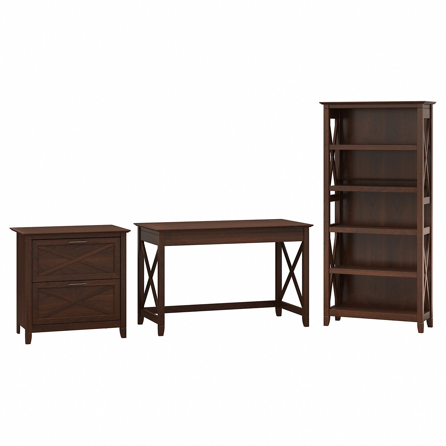 Bush Furniture Key West 48W Writing Desk with 2 Drawer Lateral File Cabinet and 5 Shelf Bookcase, Bing Cherry (KWS004BC)