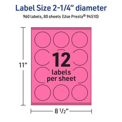 Avery Laser/Inkjet Round Multipurpose Labels, 2.25" Dia., Bright Pink, 960/Box (94510)