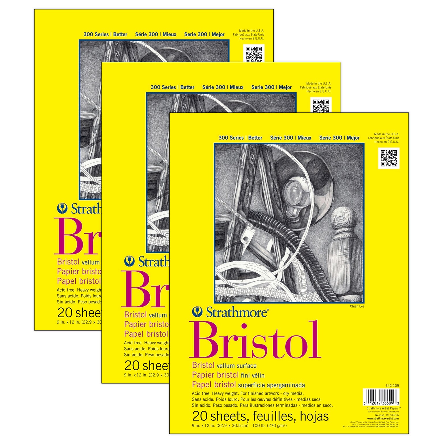 Strathmore 300 Series 9 x 12 Tape Bound Bristol Sketch Pad, 20 Sheets/Pad, 3/Bundle (STTP34210903-3)