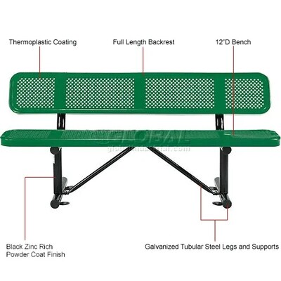 Global Industrial 6' Outdoor Steel Picnic Bench w/ Backrest, Perforated Metal, Green (694557GN)