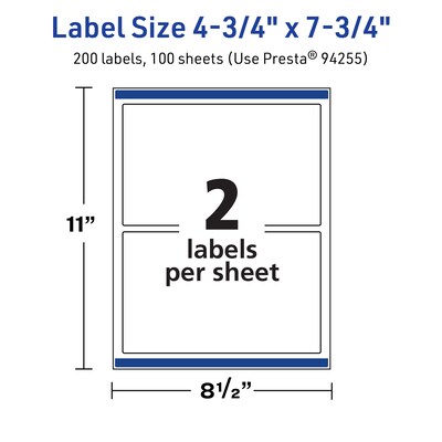 Avery TrueBlock Laser/Inkjet Rectangle Multipurpose Labels, 4.75" x 7.75", White, 200/Box (94255)