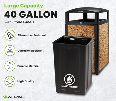 Alpine Industries Steel Outdoor Trash Can with Dome Lid, 40 Gallon, Stone (471-40-STO)