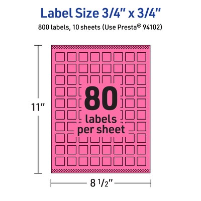 Avery Laser/Inkjet Square Multipurpose Labels, 0.75" x 0.75", Bright Pink, 800/Pack (94102)