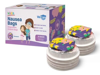 WeCare Dinosaurs Kids' Disposable Emesis Bag for Nausea and Motion Sickness, Multicolor (WC-EMES-D-20)