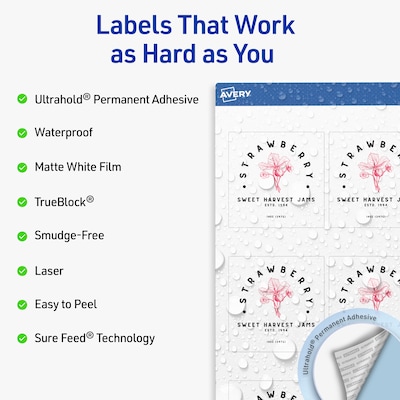 Avery Waterproof Square Laser Multipurpose Labels, 2.5 x 2.5, White, 90/Pack (19479399472)