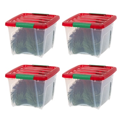 Iris Holiday Small Stackable Plastic Storage Box, 9.5 x 12 x 15, 19 Qt., Clear/Red, 4/Pack (50053