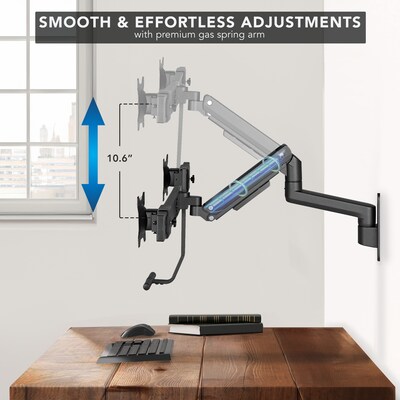 Mount-It! Adjustable Dual Monitor Wall Mount with Gas Spring Arm and Crossbar, Up to 32" Monitor, Black (MI-12010)